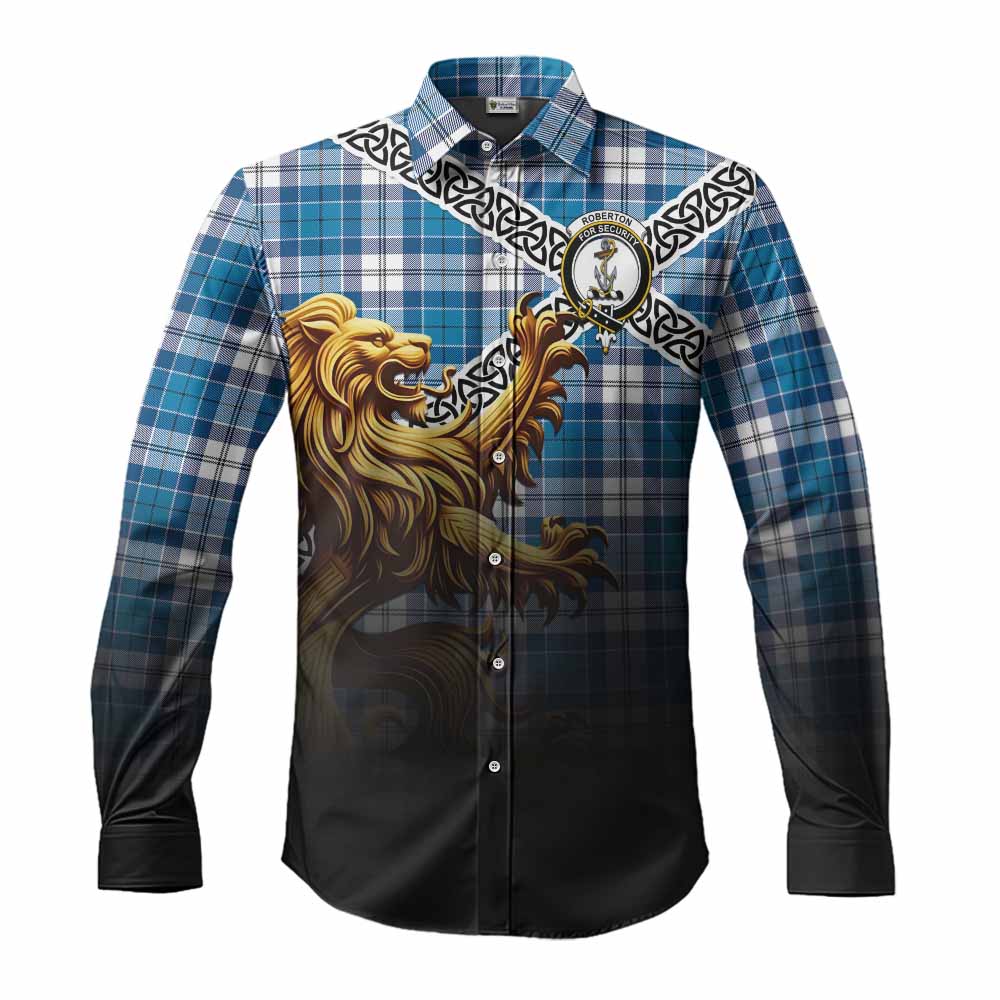 Roberton Crest Tartan Long Sleeve Button Shirt with Golden Lion Emblem Celtic Style Men's Shirt S - Tartan Vibes Clothing