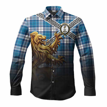 Roberton Crest Tartan Long Sleeve Button Shirt with Golden Lion Emblem Celtic Style Men's Shirt S - Tartan Vibes Clothing