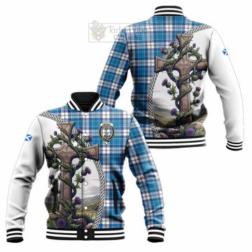 Roberton Tartan Baseball Jacket with Family Crest and St. Andrew's Cross Accented by Thistle Vines Unisex - Tartan Vibes Clothing