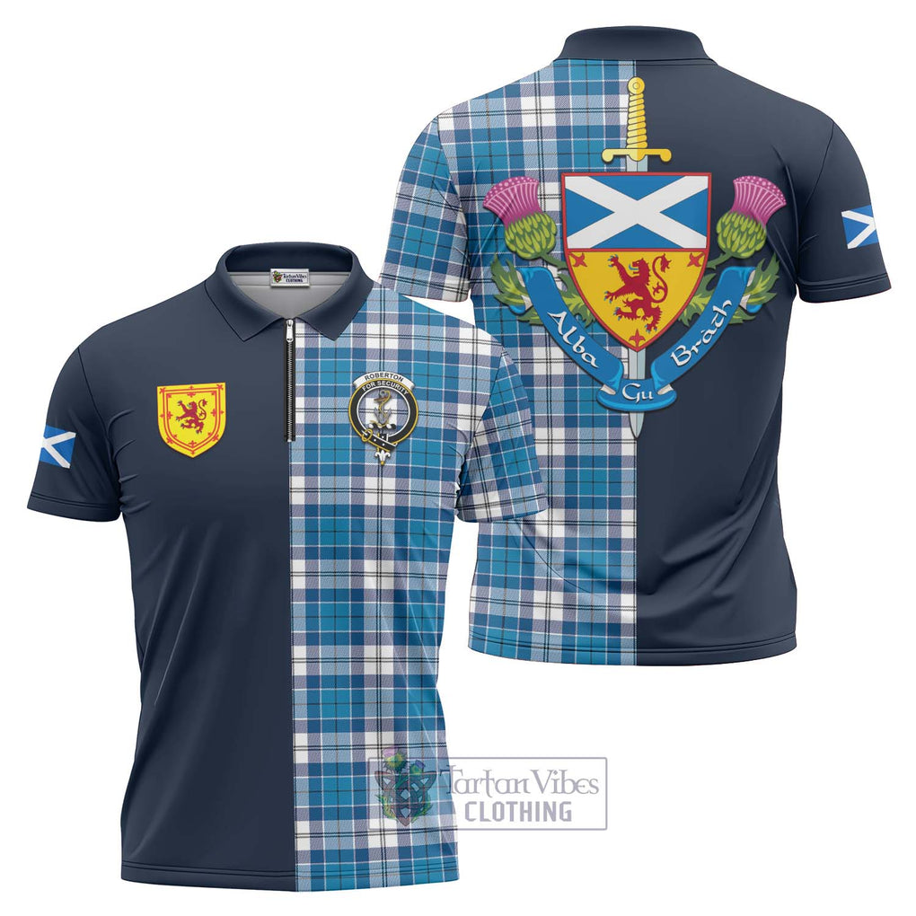 Roberton Tartan Zipper Polo Shirt Alba with Scottish Lion Royal Arm Half Style Unisex - Tartan Vibes Clothing