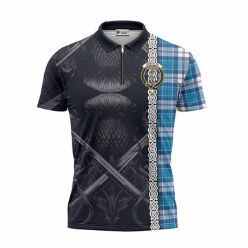 Roberton Tartan Zipper Polo Shirt with Family Crest Cross Sword Thistle Celtic Vibes Unisex - Tartan Vibes Clothing