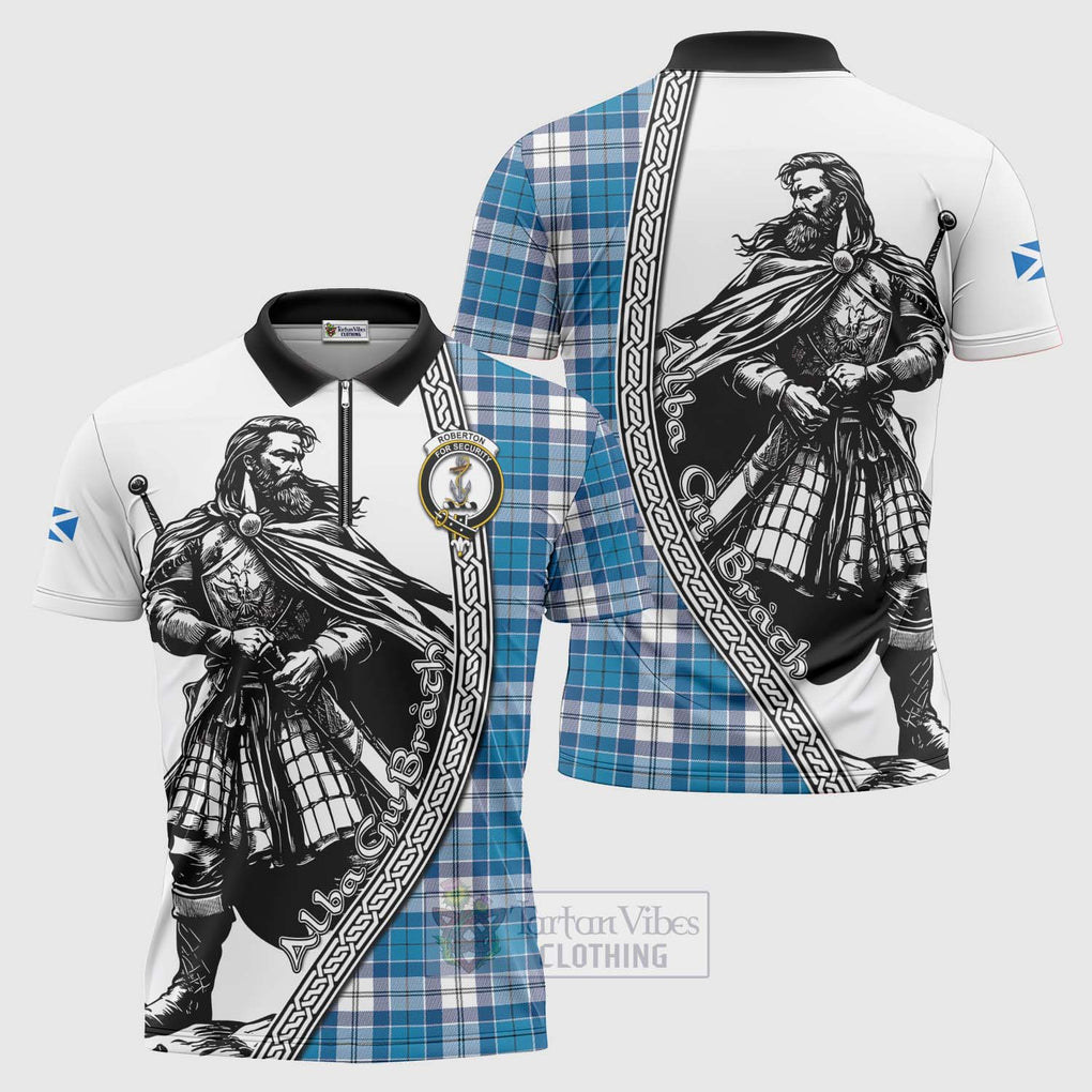 Roberton Tartan Clan Crest Zipper Polo Shirt with Highlander Warrior Celtic Style Unisex - Tartan Vibes Clothing