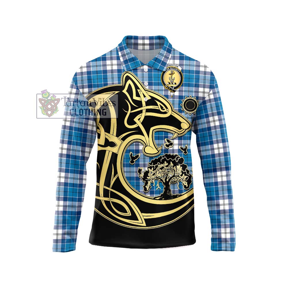 Roberton Tartan Long Sleeve Polo Shirt with Family Crest Celtic Wolf Style Unisex - Tartan Vibes Clothing