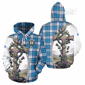 Roberton Tartan Hoodie with Family Crest and St. Andrew's Cross Accented by Thistle Vines Zip Hoodie - Tartan Vibes Clothing