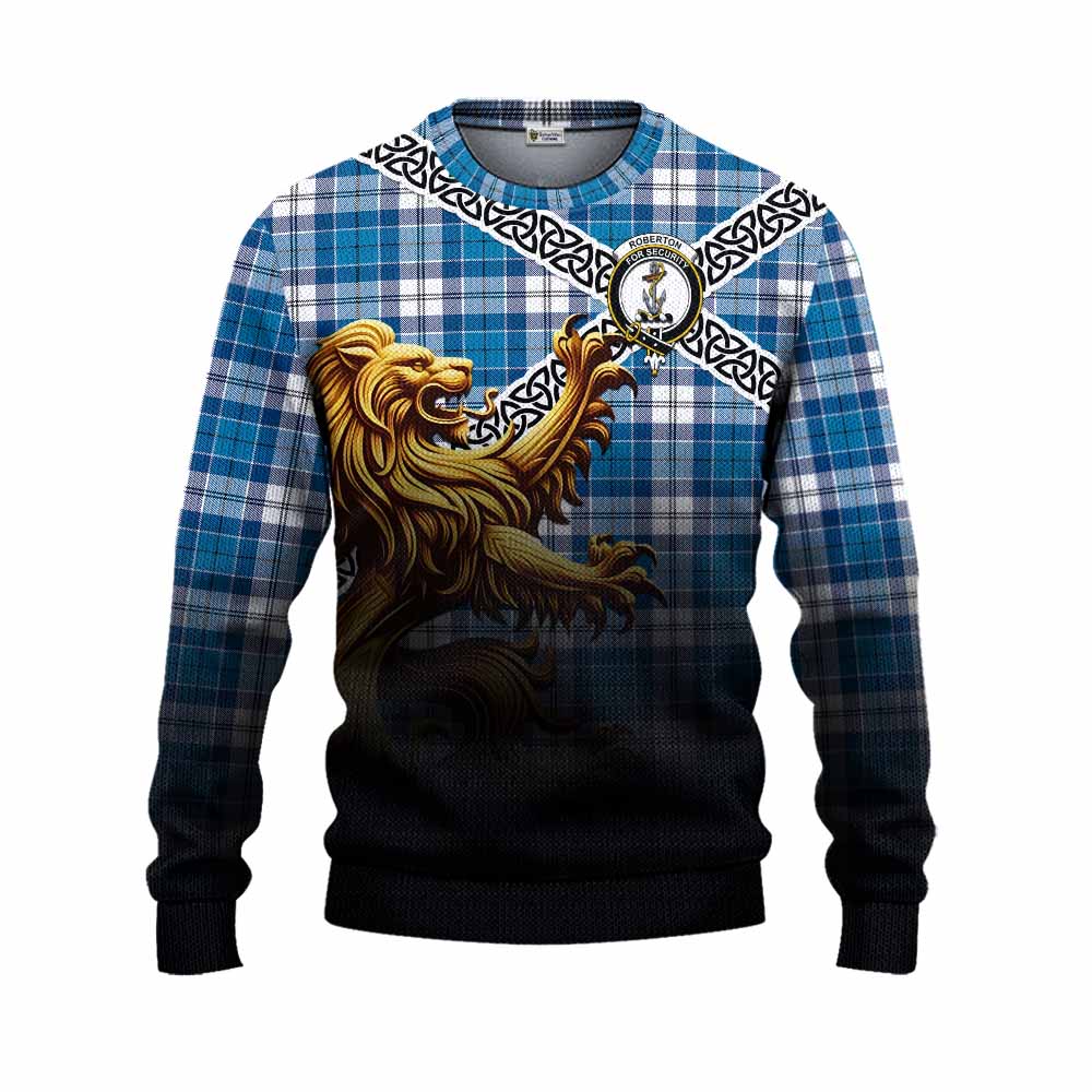 Roberton Crest Tartan Knitted Sweater with Golden Lion Emblem Celtic Style Unisex - Tartan Vibes Clothing