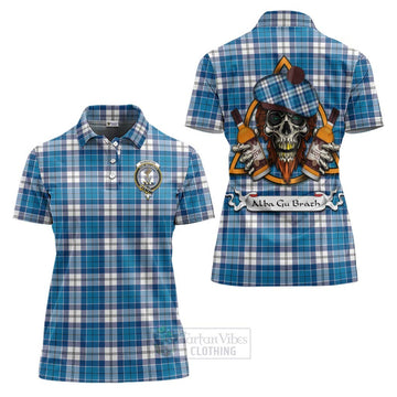 Roberton Tartan Women's Polo Shirt with Family Crest and Bearded Skull Holding Bottles of Whiskey Women - Tartan Vibes Clothing