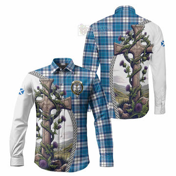 Roberton Tartan Long Sleeve Button Shirt with Family Crest and St. Andrew's Cross Accented by Thistle Vines Men's Shirt S - Tartan Vibes Clothing