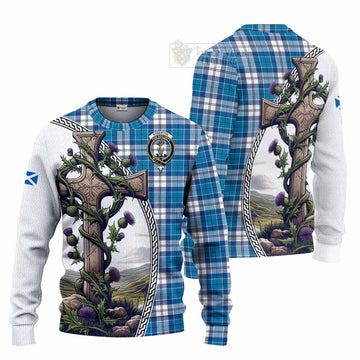 Roberton Tartan Knitted Sweater with Family Crest and St. Andrew's Cross Accented by Thistle Vines Unisex - Tartan Vibes Clothing
