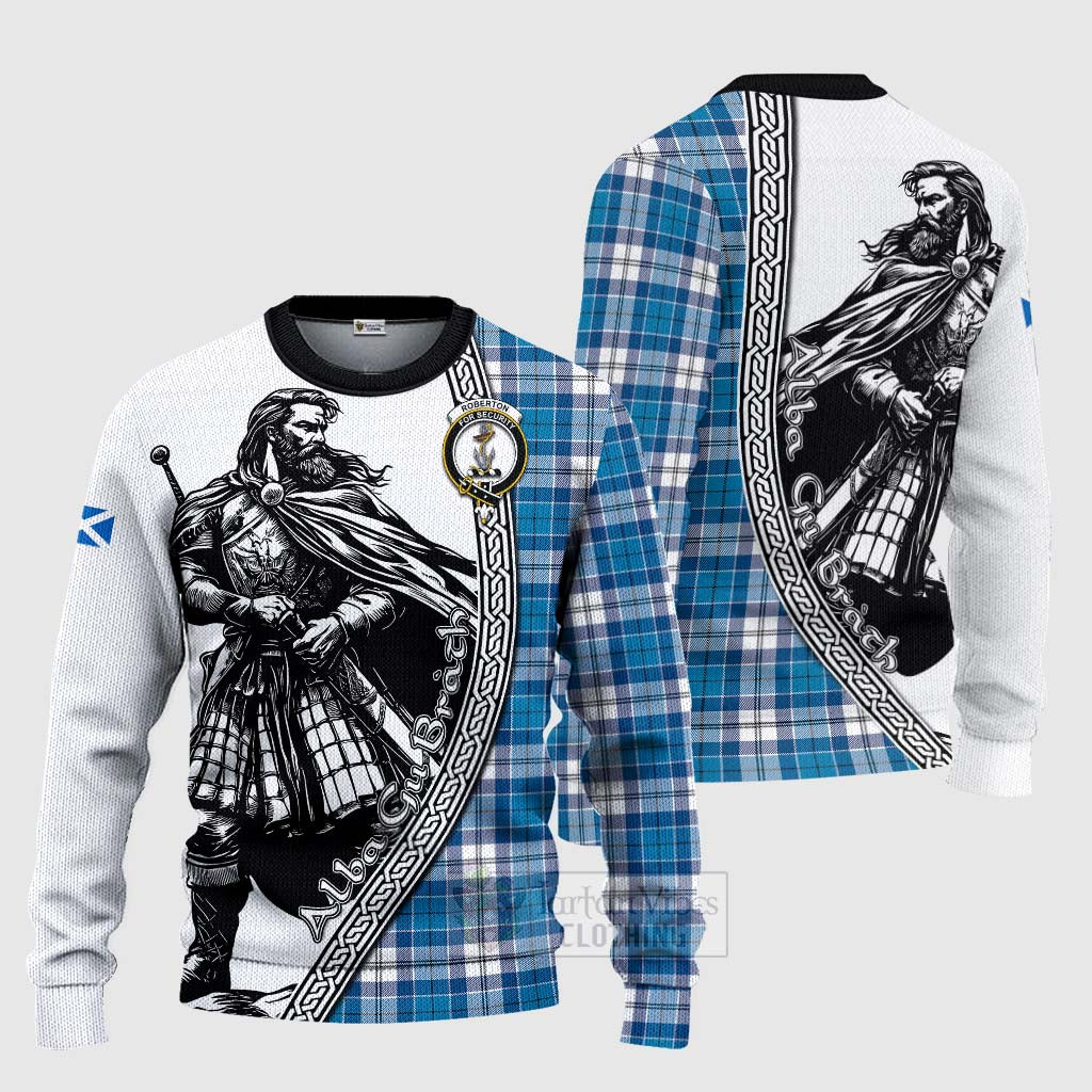 Roberton Tartan Clan Crest Knitted Sweater with Highlander Warrior Celtic Style Unisex - Tartan Vibes Clothing