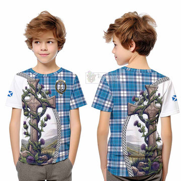 Roberton Tartan Kid T-Shirt with Family Crest and St. Andrew's Cross Accented by Thistle Vines Youth XL Size14 - Tartan Vibes Clothing