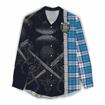 Roberton Tartan Women's Casual Shirt with Family Crest Cross Sword Thistle Celtic Vibes Female - Tartan Vibes Clothing