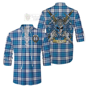 Roberton Tartan Ghillie Kilt Shirt with Family Crest Celtic Skull Style Men - Tartan Vibes Clothing