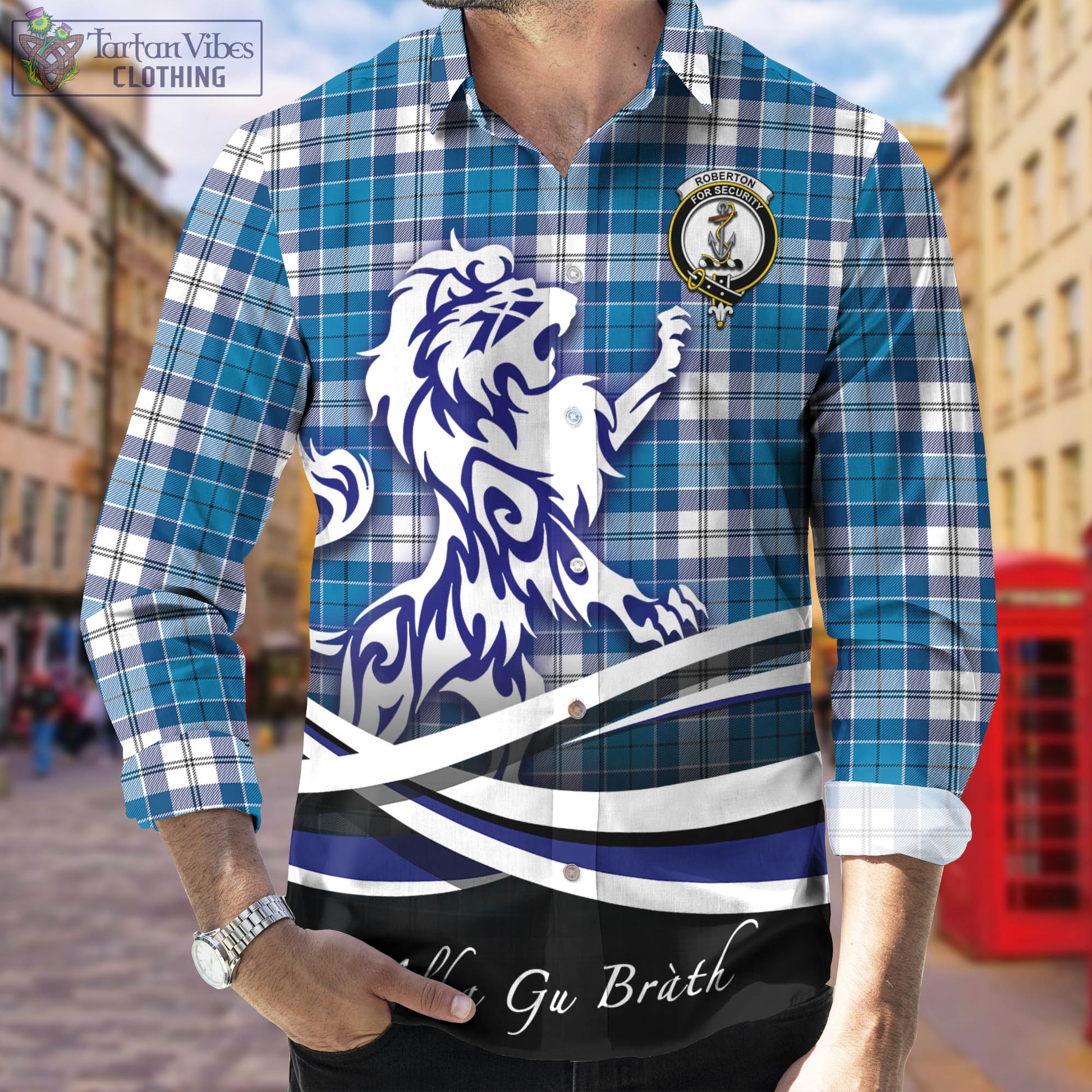 Roberton Tartan Long Sleeve Button Up Shirt with Alba Gu Brath Regal Lion Emblem Men's Shirt - Tartan Vibes Clothing