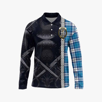 Roberton Tartan Long Sleeve Polo Shirt with Family Crest Cross Sword Thistle Celtic Vibes Unisex - Tartan Vibes Clothing