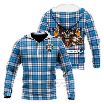 Roberton Tartan Knitted Hoodie with Family Crest and Bearded Skull Holding Bottles of Whiskey Unisex Knitted Pullover Hoodie - Tartan Vibes Clothing