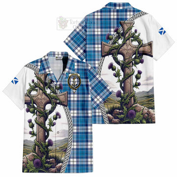 Roberton Tartan Hawaiian Shirt with Family Crest and St. Andrew's Cross Accented by Thistle Vines Kid - Tartan Vibes Clothing