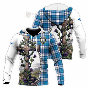 Roberton Tartan Knitted Hoodie with Family Crest and St. Andrew's Cross Accented by Thistle Vines Unisex Knitted Pullover Hoodie - Tartan Vibes Clothing