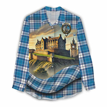 Roberton Tartan Family Crest Women's Casual Shirt with Scottish Ancient Castle Style Female - Tartan Vibes Clothing