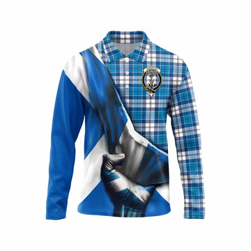 Roberton Tartan Long Sleeve Polo Shirt with Family Crest Scotland Patriotic Style Unisex - Tartan Vibes Clothing