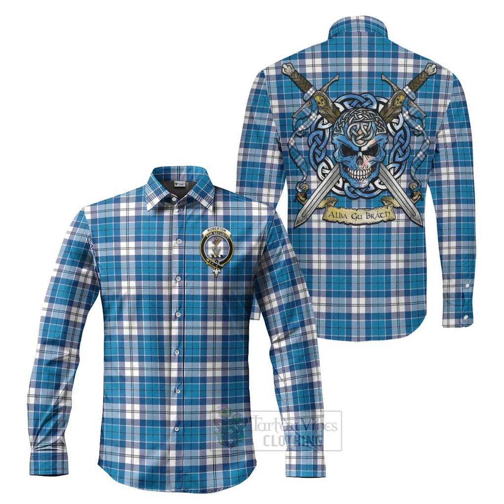 Roberton Tartan Long Sleeve Button Shirt with Family Crest Celtic Skull Style Men's Shirt S - Tartan Vibes Clothing