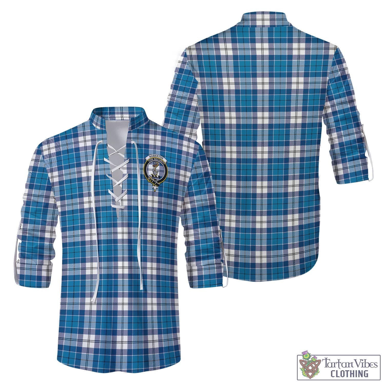 Tartan Vibes Clothing Roberton Tartan Men's Scottish Traditional Jacobite Ghillie Kilt Shirt with Family Crest