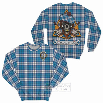 Roberton Tartan Sweatshirt with Family Crest and Bearded Skull Holding Bottles of Whiskey Unisex - Tartan Vibes Clothing