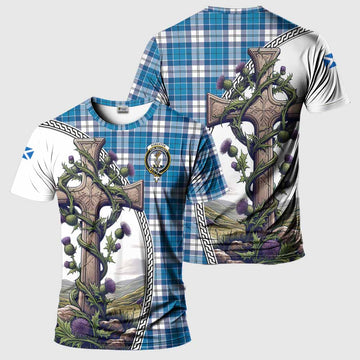 Roberton Tartan T-Shirt with Family Crest and St. Andrew's Cross Accented by Thistle Vines Kid's Shirt - Tartan Vibes Clothing