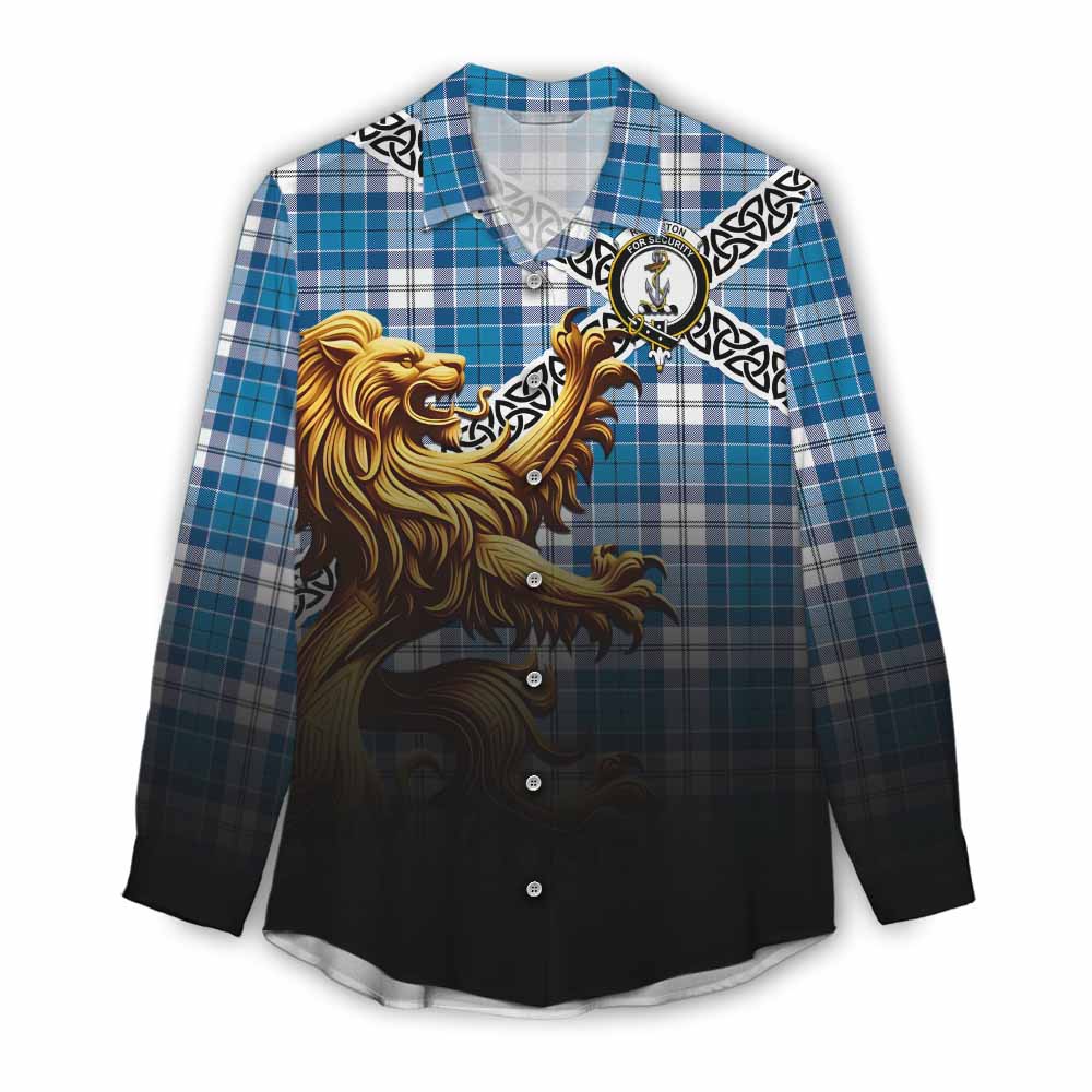 Roberton Crest Tartan Women's Casual Shirt with Golden Lion Emblem Celtic Style Female - Tartan Vibes Clothing