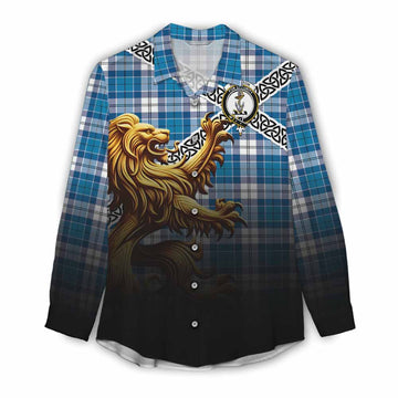 Roberton Crest Tartan Women's Casual Shirt with Golden Lion Emblem Celtic Style Female - Tartan Vibes Clothing