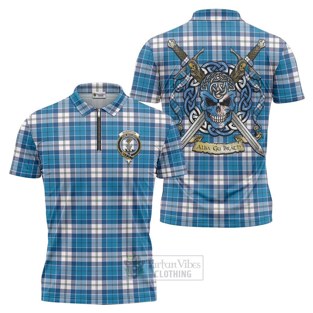 Roberton Tartan Zipper Polo Shirt with Family Crest Celtic Skull Style Unisex - Tartan Vibes Clothing