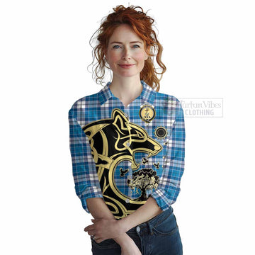 Roberton Tartan Women's Casual Shirt with Family Crest Celtic Wolf Style Female - Tartan Vibes Clothing