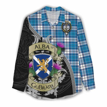 Roberton Tartan Family Crest Women's Casual Shirt Lion Rampant Royal Thistle Shield Celtic Inspired Female - Tartan Vibes Clothing