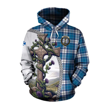 Roberton Tartan Cotton Hoodie with Family Crest and St. Andrew's Cross Accented by Thistle Vines Pullover Hoodie XS - Tartan Vibes Clothing