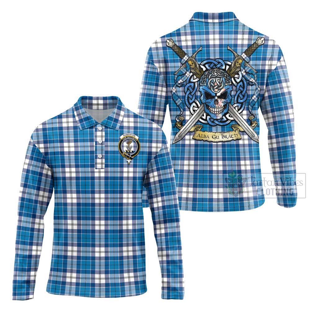 Roberton Tartan Long Sleeve Polo Shirt with Family Crest Celtic Skull Style Unisex - Tartan Vibes Clothing
