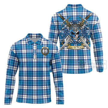 Roberton Tartan Long Sleeve Polo Shirt with Family Crest Celtic Skull Style Unisex - Tartan Vibes Clothing