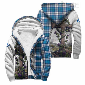 Roberton Tartan Sherpa Hoodie with Family Crest and St. Andrew's Cross Accented by Thistle Vines Unisex S - Tartan Vibes Clothing