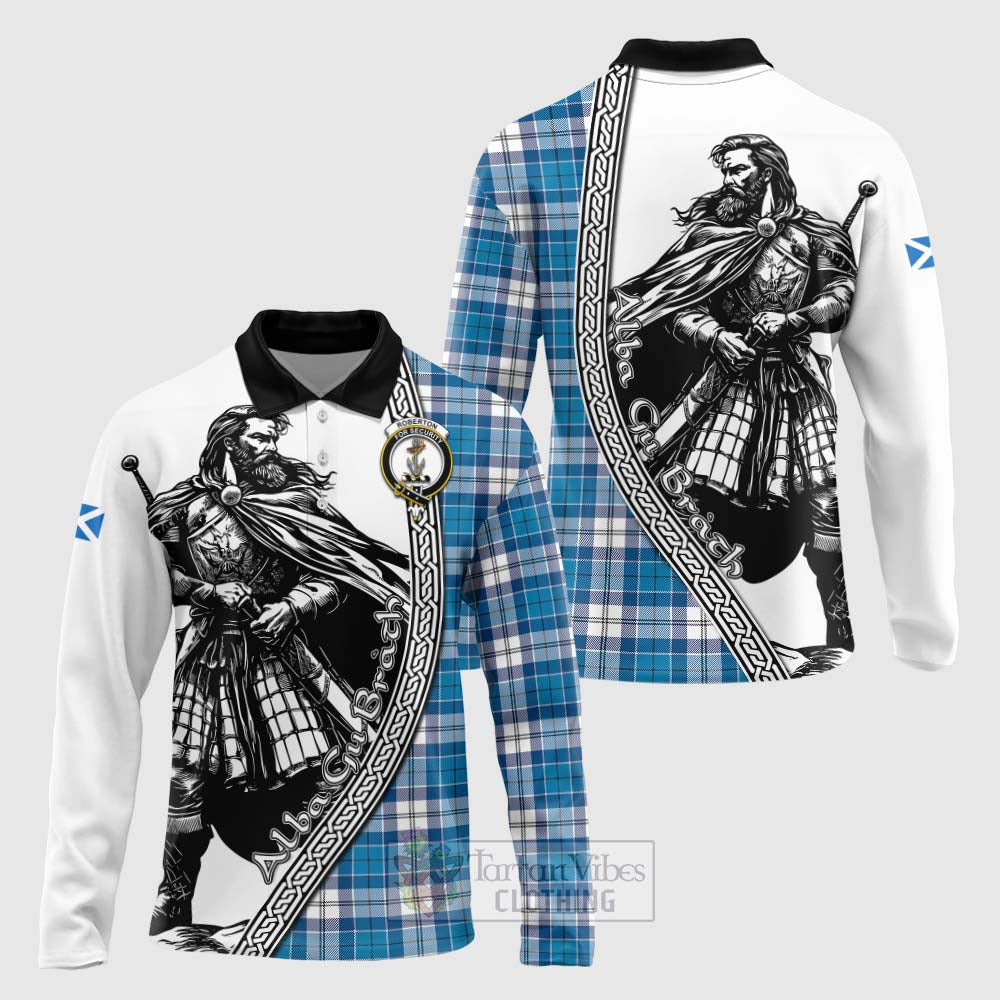 Roberton Tartan Clan Crest Long Sleeve Polo Shirt with Highlander Warrior Celtic Style Unisex - Tartan Vibes Clothing