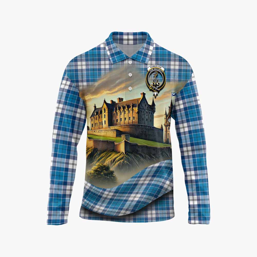 Roberton Tartan Family Crest Long Sleeve Polo Shirt with Scottish Ancient Castle Style Unisex - Tartan Vibes Clothing