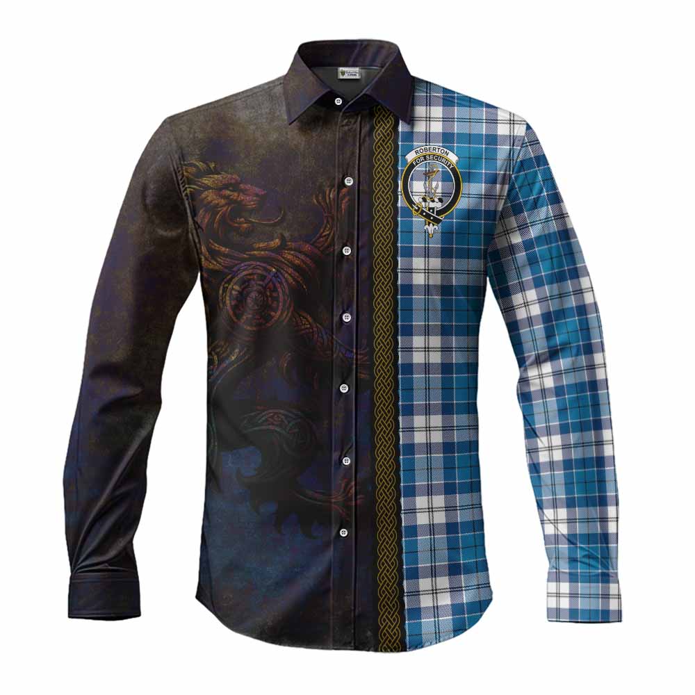 Tartan Vibes Clothing Roberton Tartan Family Crest Long Sleeve Button Shirt Alba Gu Brath Be Brave Lion Ancient Style