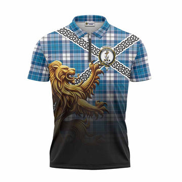 Roberton Crest Tartan Zipper Polo Shirt with Golden Lion Emblem Celtic Style Unisex - Tartan Vibes Clothing