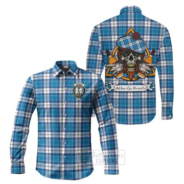 Roberton Tartan Long Sleeve Button Shirt with Family Crest and Bearded Skull Holding Bottles of Whiskey Men's Shirt S - Tartan Vibes Clothing
