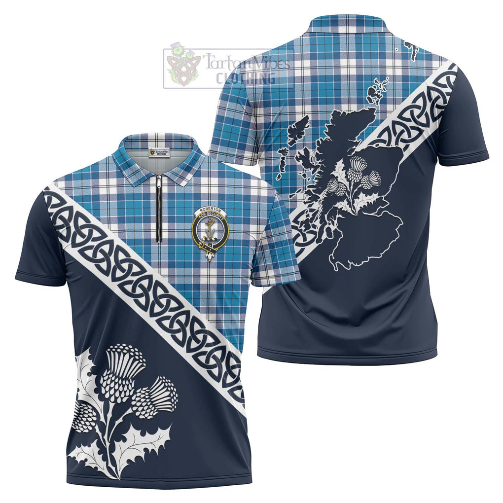 Roberton Tartan Zipper Polo Shirt Featuring Thistle and Scotland Map Unisex - Tartanvibesclothing Store