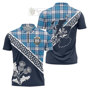 Roberton Tartan Zipper Polo Shirt Featuring Thistle and Scotland Map Unisex - Tartanvibesclothing Store