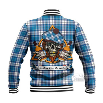 Roberton Tartan Baseball Jacket with Family Crest and Bearded Skull Holding Bottles of Whiskey - Tartan Vibes Clothing