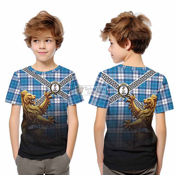 Roberton Crest Tartan Kid T-Shirt with Golden Lion Emblem Celtic Style - Tartan Vibes Clothing
