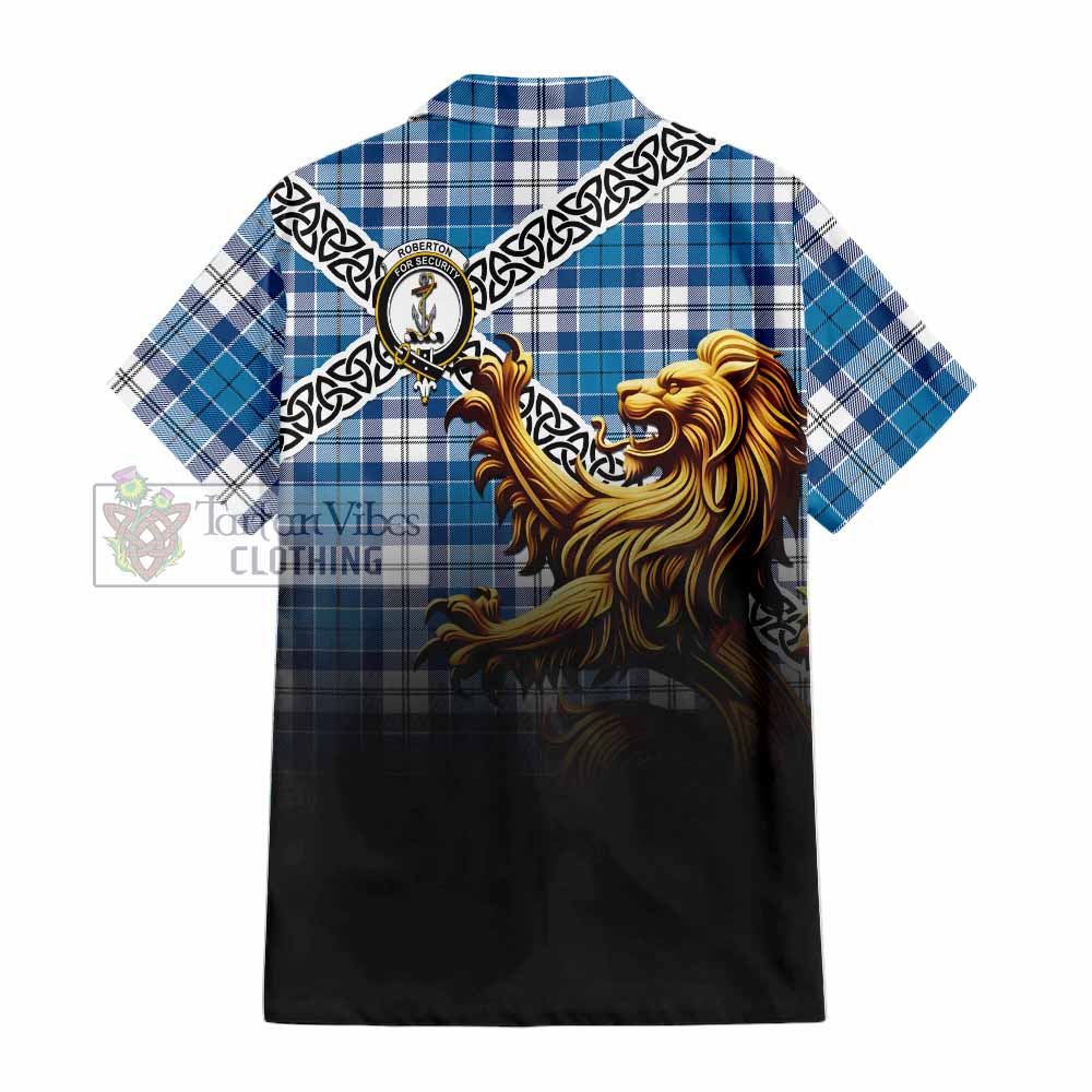 Roberton Crest Tartan Hawaiian Shirt with Golden Lion Emblem Celtic Style - Tartan Vibes Clothing