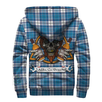 Roberton Tartan Sherpa Hoodie with Family Crest and Bearded Skull Holding Bottles of Whiskey - Tartan Vibes Clothing