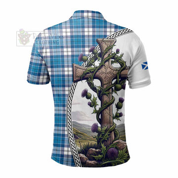 Roberton Tartan Polo Shirt with Family Crest and St. Andrew's Cross Accented by Thistle Vines - Tartan Vibes Clothing