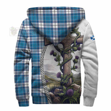 Roberton Tartan Sherpa Hoodie with Family Crest and St. Andrew's Cross Accented by Thistle Vines - Tartan Vibes Clothing