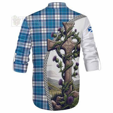 Roberton Tartan Ghillie Kilt Shirt with Family Crest and St. Andrew's Cross Accented by Thistle Vines - Tartan Vibes Clothing